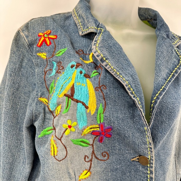 Boston Proper Womens Denim‎ Jacket Small Blazer Embroidered Birds Flowers Boho - Picture 4 of 14